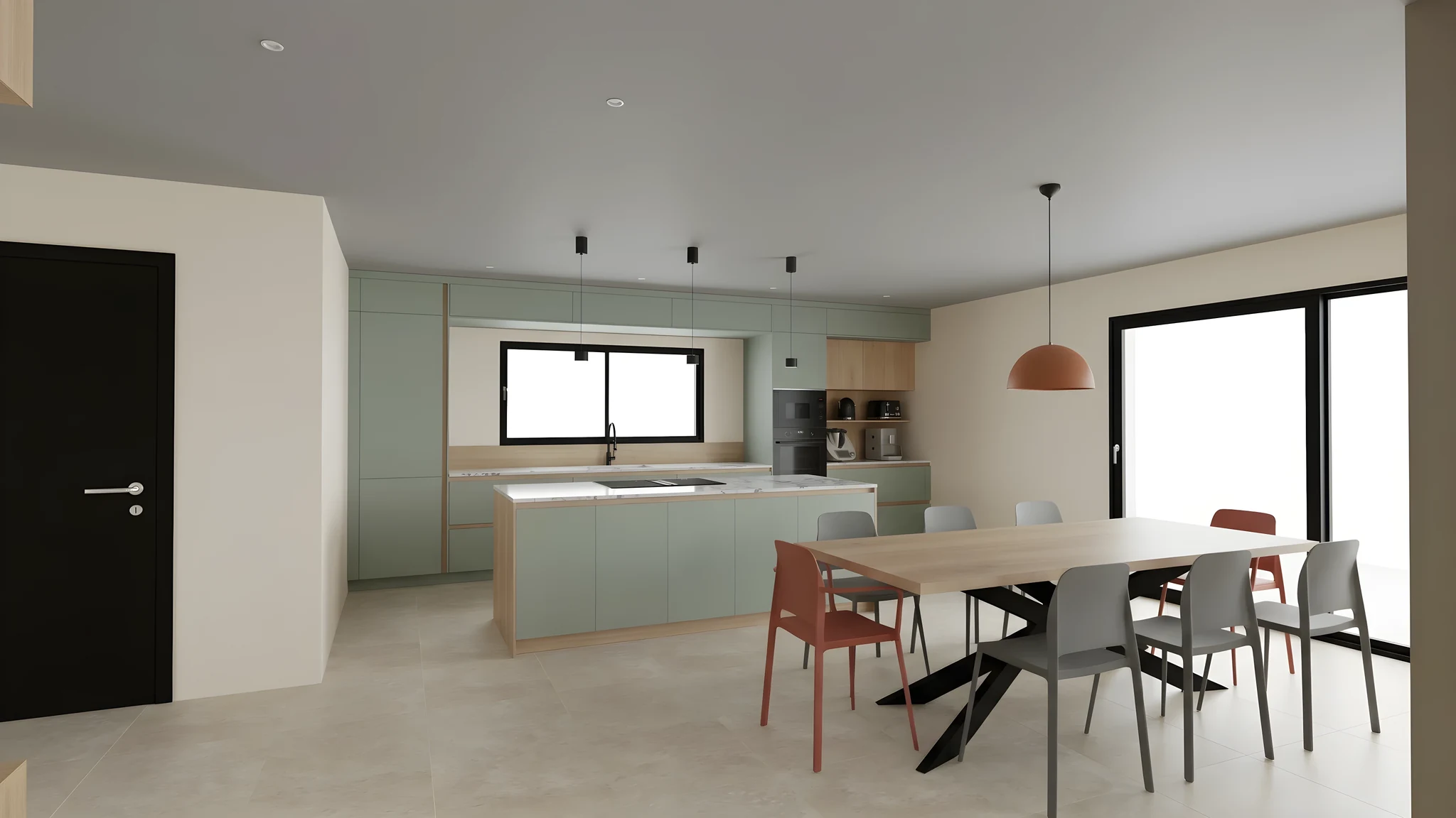 Cuisine ouverte sur la salle à manger, îlot et table dégagés